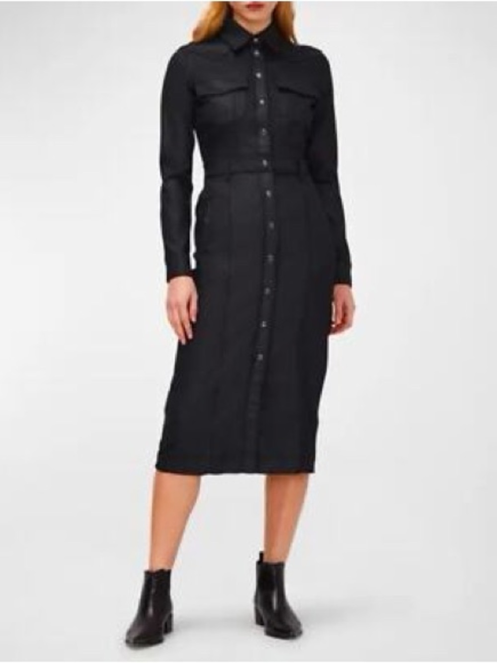 7 For All Mankind Black Button-Front Midi Shirt Dress